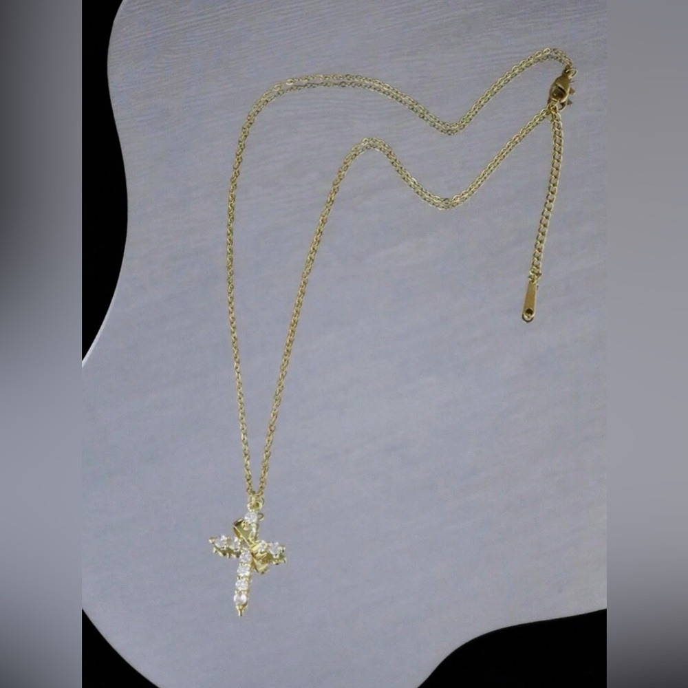 Gold Crown and Rhinestone Cross Necklace - Picture 3 of 4